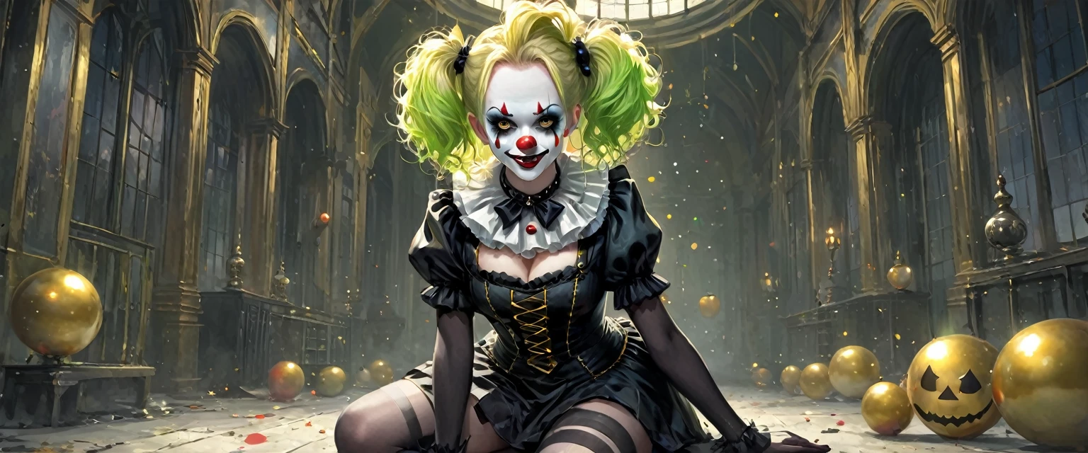 1Girl, 25 years old, Long hair, full body pose , looking up at viewer, Blonde hair, (Dark Goth Clown:1.5), green eyes, (Gothic jewelry:1.1), full entire body, tightly fitting top, pencil skirt, red lips, realistic, beautiful nose, flirting with the camera.(Color palette gold and steel black:1.3)