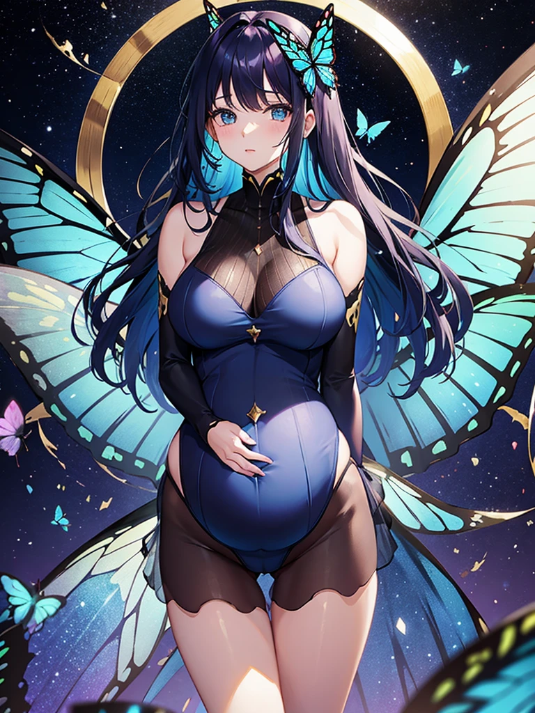 Pregnant woman with dark blue hair, butterfly wings, galaxy rainbow, leotard