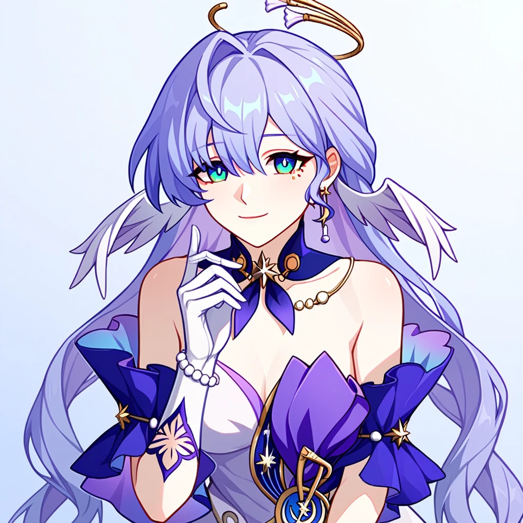 1girl, robin_\(honkai:_star_rail\), bare_shoulders, head_wings, white_dress, white_gloves, detached_sleeves, short_sleeves, aqua_eyes, long_hair, halo, purple_dress, hair_between_eyes, earrings, purple_hair