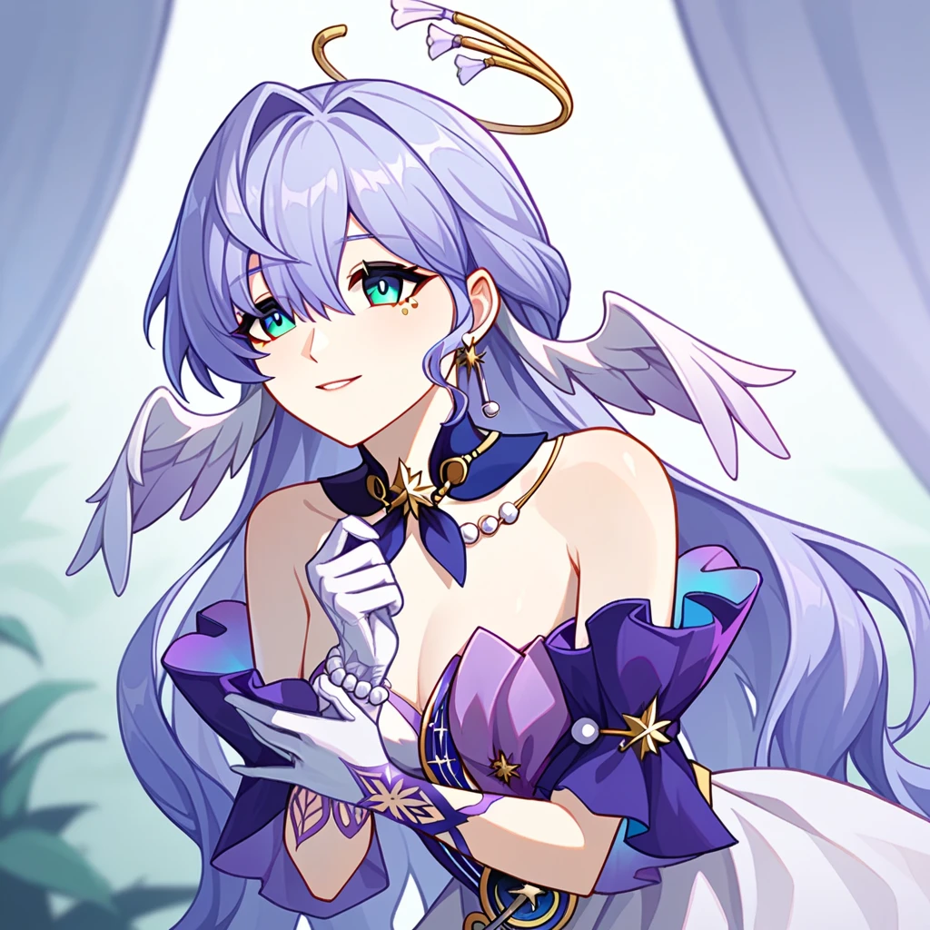 1girl, robin_\(honkai:_star_rail\), bare_shoulders, head_wings, white_dress, white_gloves, detached_sleeves, short_sleeves, aqua_eyes, long_hair, halo, purple_dress, hair_between_eyes, earrings, purple_hair
