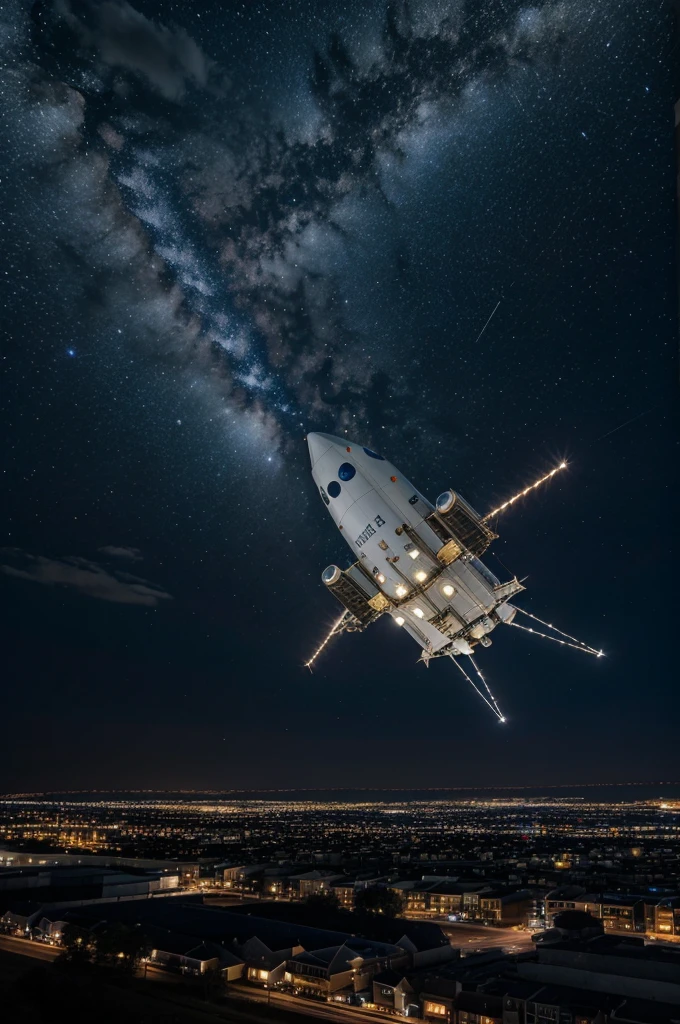Space craft with many lights flying in night midnight