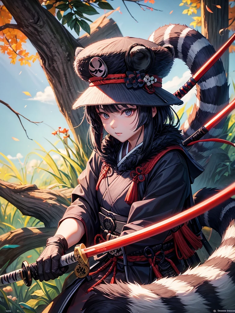 The wild raccoon man wears a ronin uniform and a straw samurai hat ,anime ,รายละเอียดน้อย