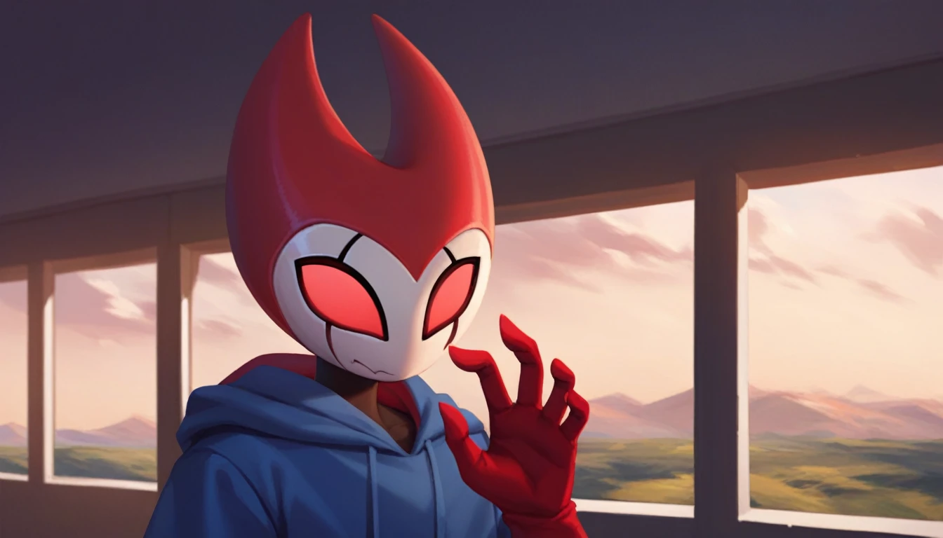 score_9, score_8_up, score_7_up, score_6_up, zPDXL2, grimm \(hollow knight\), vampire, bat, 1boy, solo, cute face, detailed eyes, portrait, anthro, blue large hoodie, red sports gloves, background, near the window, landscape, looking directly into the camera, (dynamic angles)