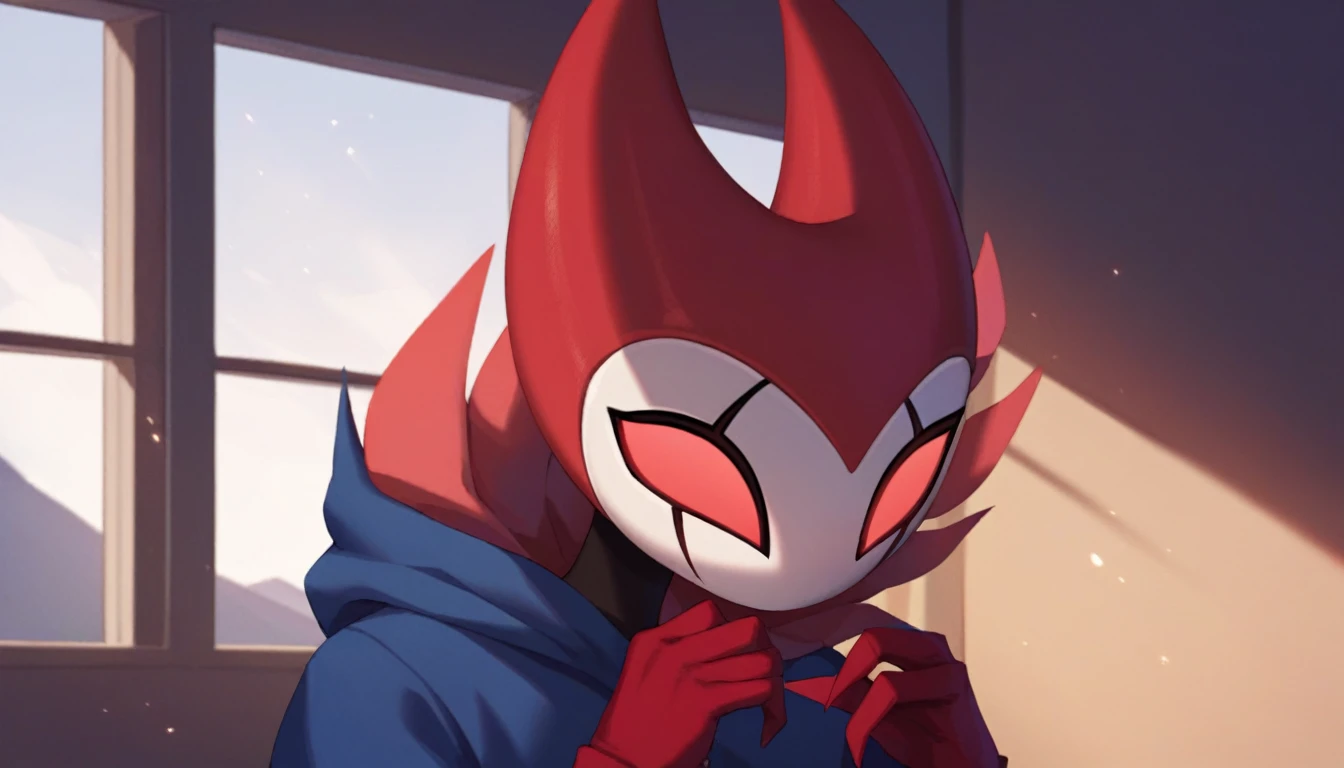 score_9, score_8_up, score_7_up, score_6_up, zPDXL2, grimm \(hollow knight\), vampire, bat, 1boy, solo, cute face, detailed eyes, portrait, anthro, blue large hoodie, red sports gloves, background, near the window, landscape, looking directly into the camera, (dynamic angles)