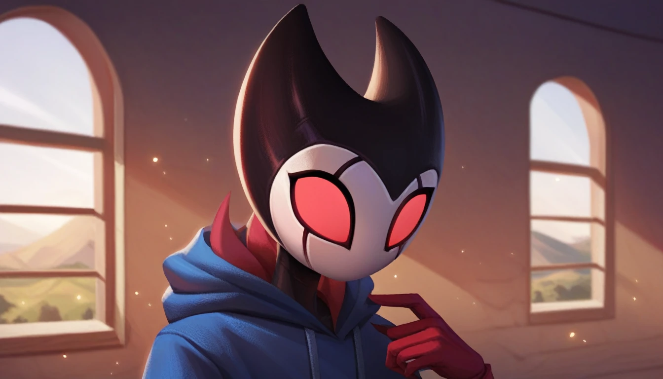 score_9, score_8_up, score_7_up, score_6_up, zPDXL2, grimm \(hollow knight\), vampire, bat, 1boy, solo, cute face, detailed eyes, portrait, anthro, blue large hoodie, red sports gloves, background, near the window, landscape, looking directly into the camera, (dynamic angles)