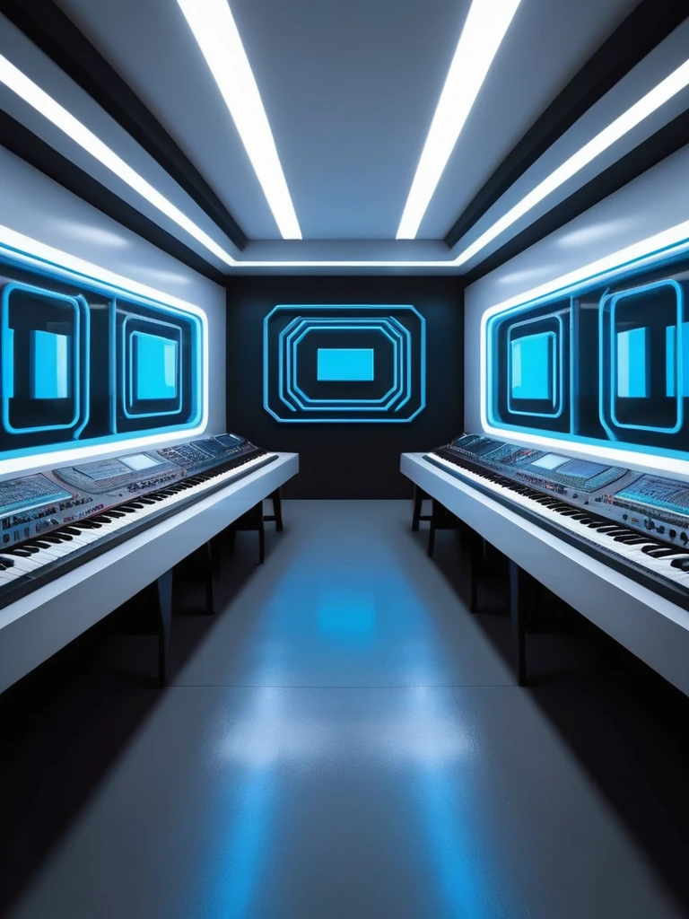 music producer studio, sala vacía con neones bluees, neon futuristic background image, symmetrical image, hell, White wall, negro, blue, abstract.