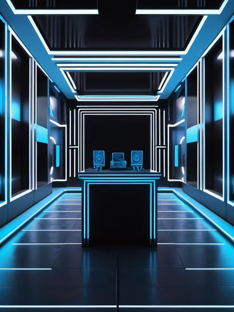 music producer studio, sala vacía con neones bluees, neon futuristic background image, symmetrical image, hell, White wall, negro, blue, abstract.
