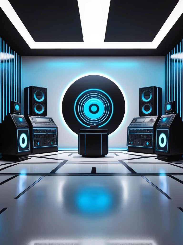 music producer studio, sala vacía con neones bluees, neon futuristic background image, symmetrical image, hell, White wall, ?????, blue, abstract.