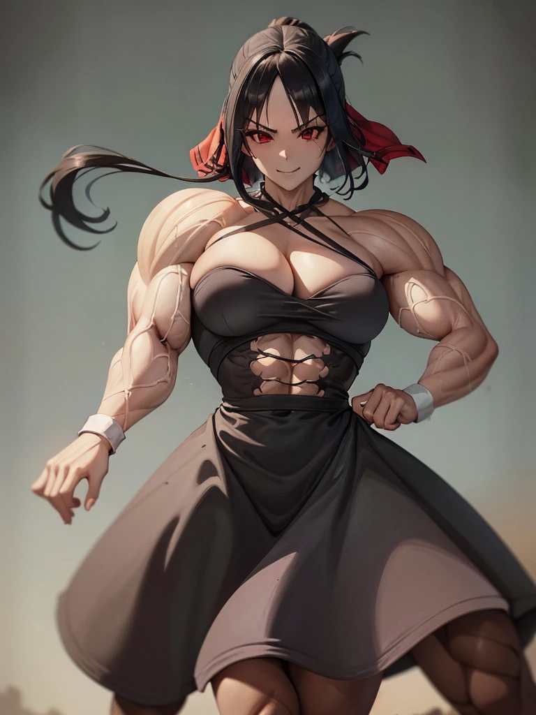 best qualityer, (Masterpiece artwork: 1.2), detailded, shinomiya kaguya, 1girl, 独奏, cloused mouth, drlight smile, Bblack hair, Eyes red, shorth hair, folded ponytail, hair ribbon, SLEEVELESS, red ribbon, standing, gazing at viewer, medium breasts, (((bloodstains, Evil, cruel girl, musculosa extremely muscular, extremely muscular, extremely large physique, pernas extremely musculars, muscular body,Sex,dominant, bloodstains bloodstains no corpo, evil smile,latex clothes))).