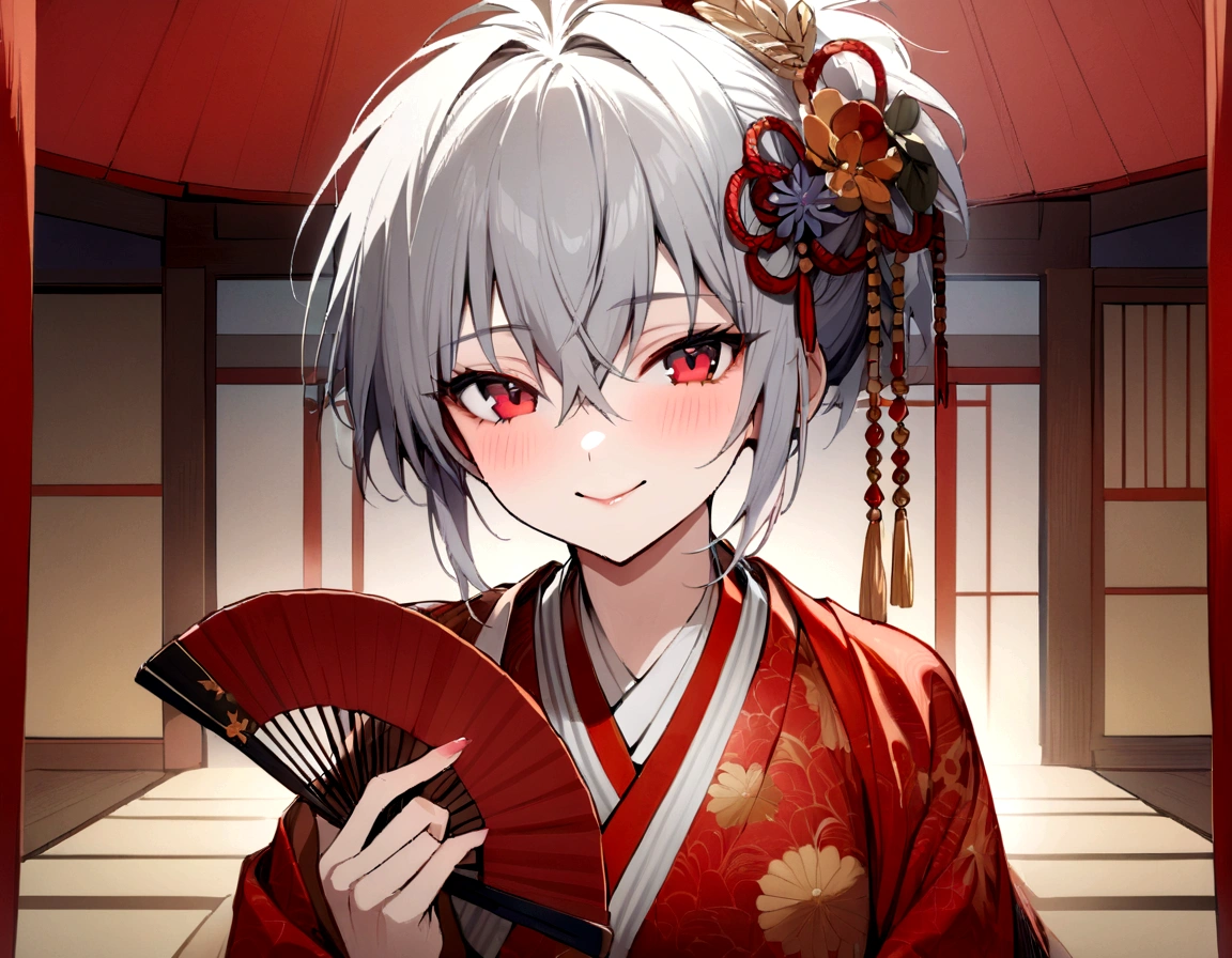 masterpiece, best quality, kaworu nagisa, cute, hot, elegant, seductive, red eyes, 1boy, ancient japan background, boy wearing female kimono, red decorative kimono, hair accessories, holding fan, smiling sweetly