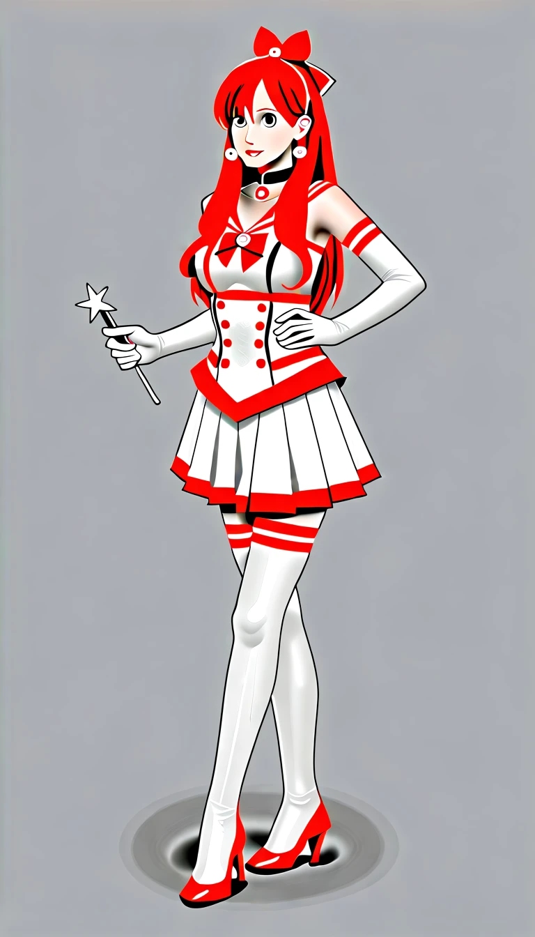 1girl, sailor senshi unifoem, {{magical gloves, magical boots}}, bow, brooch,pleated miniskirt, magical girl, earrings, long hair, nsfw, latex, large_breasts, korean idol, holding wand, wand, wand effect,agic effect, standing, crossed legs, dakimakura, idol, akb48