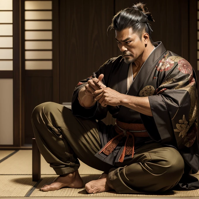 ((Masterpiece)), ((highly detailed)), a samurai, muscular body, big body, strong body, brown male kimono, tattsuke pants, katakana, samurai hair style, shaved face, age 50, angry face, full body,
