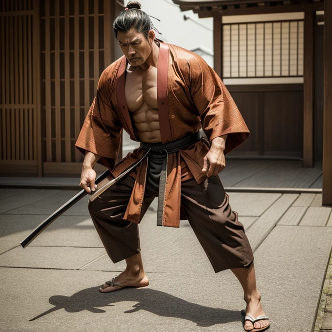((Masterpiece)), ((highly detailed)), a samurai, muscular body, big body, strong body, brown male kimono, tattsuke pants, katakana, samurai hair style, shaved face, age 50, angry face, full body,