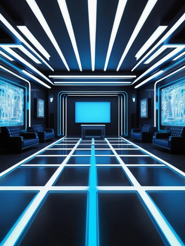 music producer studio, sala vacía con neones bluees, neon futuristic background image, symmetrical image, hell, White wall, ?????, blue, abstract.