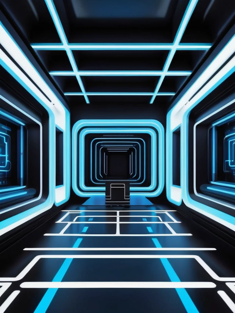 music producer studio, sala vacía con neones bluees, neon futuristic background image, symmetrical image, hell, White wall, negro, blue, abstract.