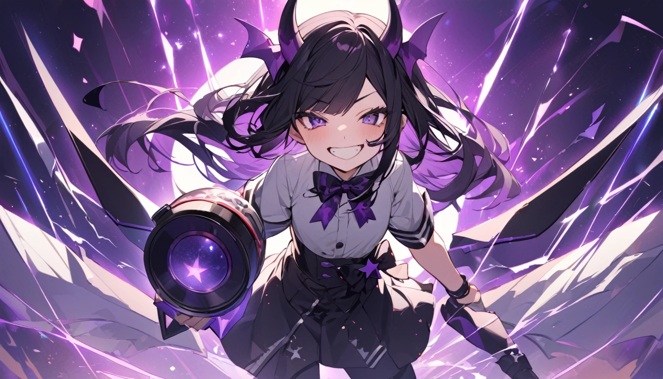 A girl with long black hair with straight bangs, with hair cut at the ends. Two large strands in the front, one bigger than the other. A rebel thread. A small white streak in your bangs. Two demon horns, one purple and one black, both with a dark purple star. one black eye and one purple eye. A purple star on your right cheek. black wide pants. All star shoe. Full white shirt with a bow tie with a star in the middle, with short sleeves. a little big chest . Grinning. She is a star demon. She is standing looking at the camera. In one of his eyes a star in the black eye case, in the black eye and just black. Sex girl. Sex girl.