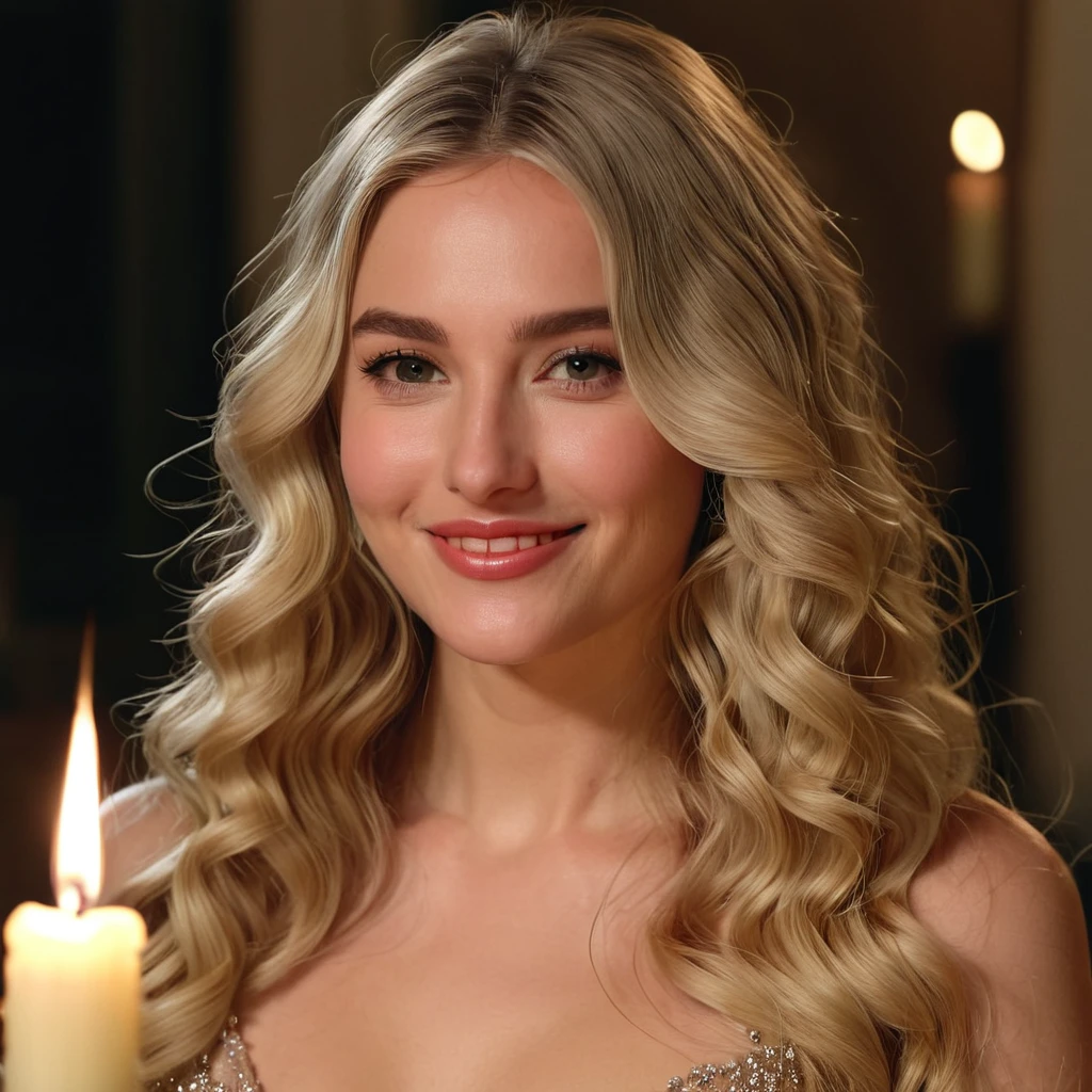 A highly realistic, detailed image of Eleonora Gabriela Starlis, a beautiful woman with long blonde hair in loose waves, attending a candlelit dinner. She is wearing an elegant evening gown. Photorealistic, 8K UHD, warm lighting. Camera angle: close-up shot from the side, capturing her enchanting smile. Emotion: Enchanting