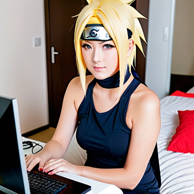 naruto cosplay, hot woman, shorth hair, Linda, in room using computer, without wig, human hair