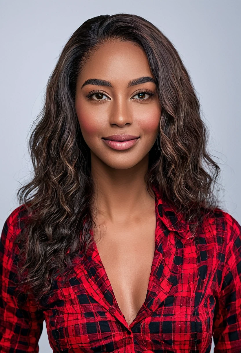 Pose for photo: A beautiful woman smiling for a photo, beautiful Latin face, young Brazilian Nyvi Estephan, Brazilian supermodel, serene and elegant beauty, Angolan descent, young adult 30 years old, nerdy woman, tall woman, a stunning black woman, with features indigenous, beautiful indigenous girl, native Brazilian, ((An indigenous African girl with European ebony)), ((her beauty is undeniable)), beautiful young ebony girl with dark skin, tanned Mexican, black hair with brown highlights, black curly hair with brown highlights, black voluminous hair with brown highlights, vibrant and dynamic cut with soft waves can add a modern and stylish touch. Has an exotic beauty with beautiful green eyes, realistic green eyes, bright green eyes, ultra detailed green eyes, ultra realistic green eyes, natural green eyes, ultra detailed iris, perfect eyes, perfect iris, hyper realistic eyes, eyeliner, long eyelashes and defined, penetrating gaze that conveys confidence, striking, powerful expression, strong presence, striking makeup, vibrant red lipstick, full lips, voluminous lips, seductive lips, captivating, striking, unforgettable, dazzling and mischievous smile, wide smile, your features are captivating , subtle smile on his lips. beautiful and detailed face, detailed skin texture, Notice her perfectly shaped eyebrows, which arch gracefully above her eyes, small nose that is proportionate to her face, and soft contour of her face that accentuates her high cheekbones. Beautiful and glowing skin, intricate details, smooth skin, healthy and radiant appearance, Attractive slim woman, Average bust, Average and beautiful breasts, athletic physique, flat stomach, slim waist, huge hips, wide hips, big ass, thick thighs, legs shapely concept art. She wears a red and black plaid shirt with long sleeves, a short black latex skirt and long black knee-high boots. 3D 4k, high resolution, full sharpness photo realistic, breathtaking, Lentille nette, Photographie professionnelle, Objectif 7