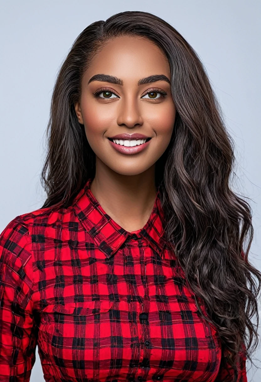Pose for photo: A beautiful woman smiling for a photo, beautiful Latin face, young Brazilian Nyvi Estephan, Brazilian supermodel, serene and elegant beauty, Angolan descent, young adult 30 years old, nerdy woman, tall woman, a stunning black woman, with features indigenous, beautiful indigenous girl, native Brazilian, ((An indigenous African girl with European ebony)), ((her beauty is undeniable)), beautiful young ebony girl with dark skin, tanned Mexican, black hair with brown highlights, black curly hair with brown highlights, black voluminous hair with brown highlights, vibrant and dynamic cut with soft waves can add a modern and stylish touch. Has an exotic beauty with beautiful green eyes, realistic green eyes, bright green eyes, ultra detailed green eyes, ultra realistic green eyes, natural green eyes, ultra detailed iris, perfect eyes, perfect iris, hyper realistic eyes, eyeliner, long eyelashes and defined, penetrating gaze that conveys confidence, striking, powerful expression, strong presence, striking makeup, vibrant red lipstick, full lips, voluminous lips, seductive lips, captivating, striking, unforgettable, dazzling and mischievous smile, wide smile, your features are captivating , subtle smile on his lips. beautiful and detailed face, detailed skin texture, Notice her perfectly shaped eyebrows, which arch gracefully above her eyes, small nose that is proportionate to her face, and soft contour of her face that accentuates her high cheekbones. Beautiful and glowing skin, intricate details, smooth skin, healthy and radiant appearance, Attractive slim woman, Average bust, Average and beautiful breasts, athletic physique, flat stomach, slim waist, huge hips, wide hips, big ass, thick thighs, legs shapely concept art. She wears a red and black plaid shirt with long sleeves, a short black latex skirt and long black knee-high boots. 3D 4k, high resolution, full sharpness photo realistic, breathtaking, Lentille nette, Photographie professionnelle, Objectif 7