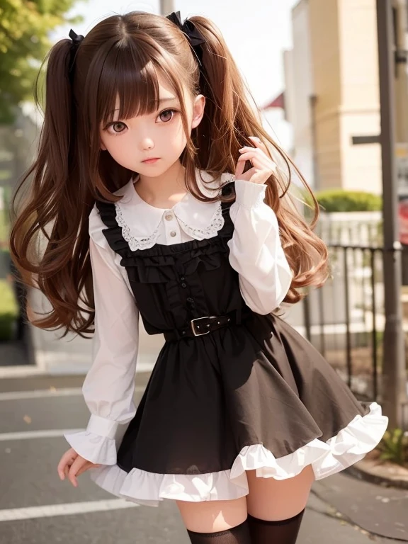 masterpiece, high quality, 1 girl, brown hair, curly hair, long hair, ((two side up)), brown eyes, pink frill shirts, black frill, black skirt, white stockings, censured
