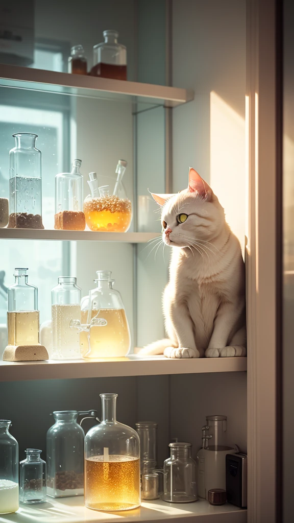 A cute round-eyed cat wearing a white lab coat, Holding a round-bottom flask in the chemistry lab, There is a test tube rack on the front, The glass case has medicines, Sunlight outside the window,