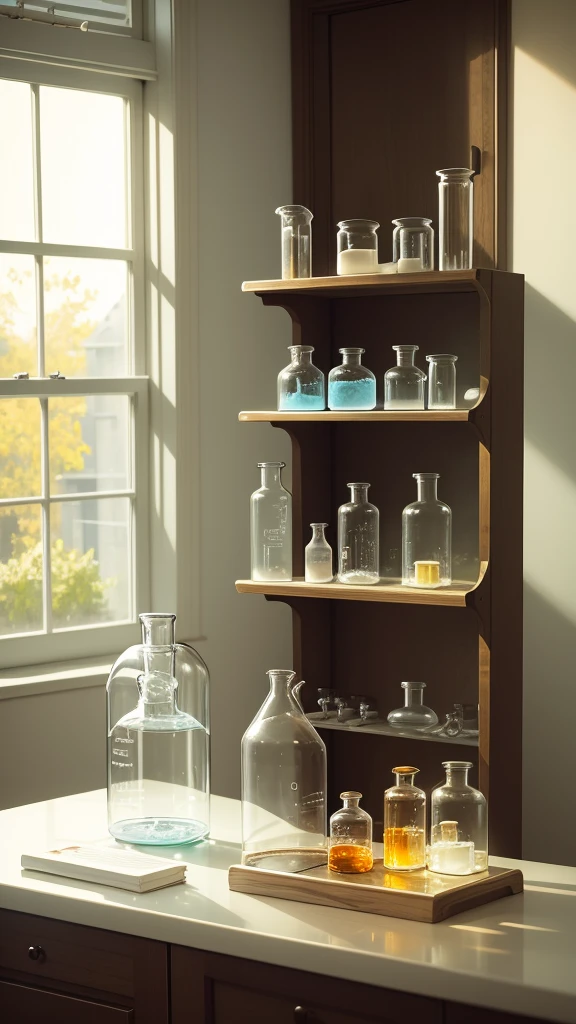 A cute round-eyed cat wearing a white lab coat, Holding a round-bottom flask in the chemistry lab, There is a test tube rack on the front, The glass case has medicines, Sunlight outside the window,