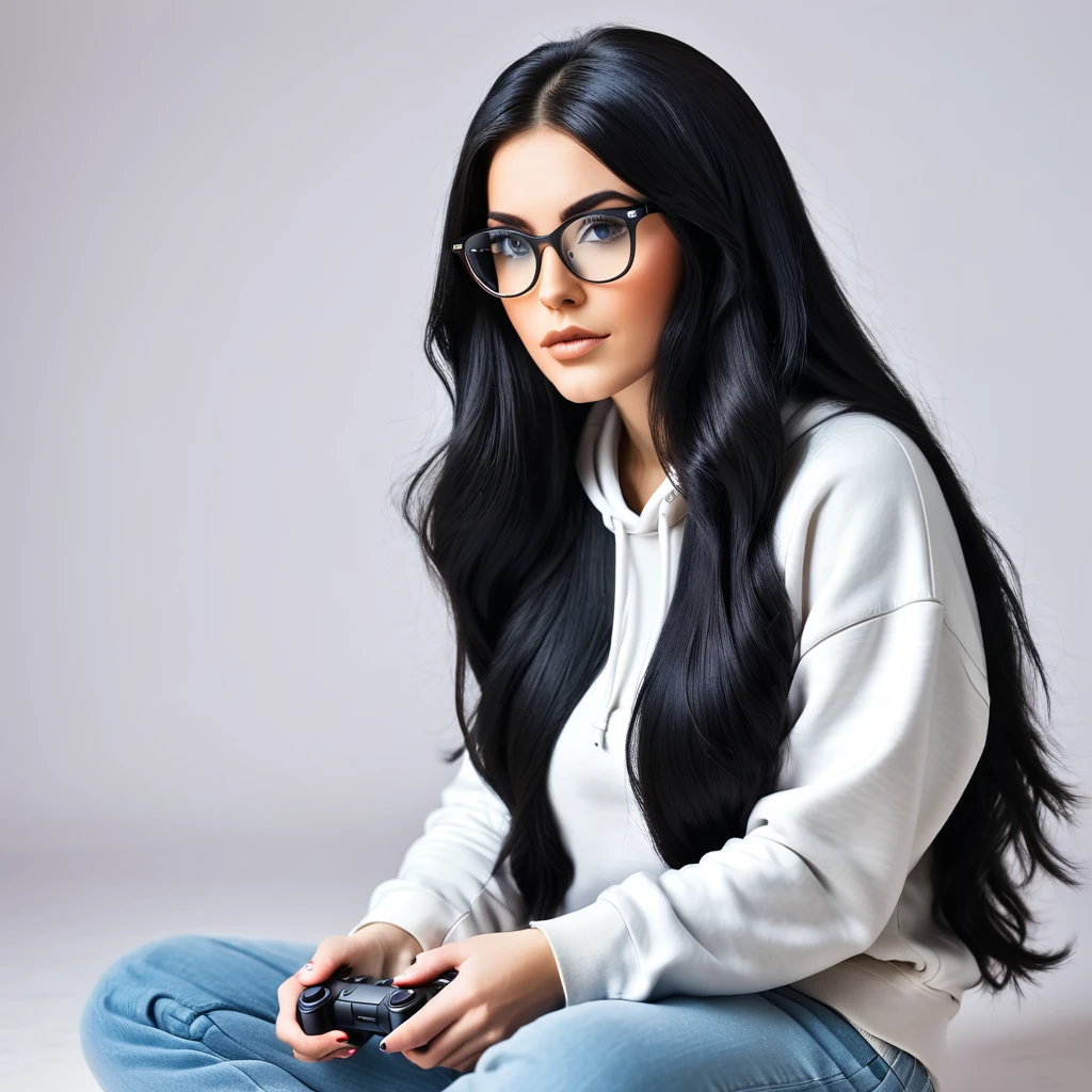 woman with huge and beautiful beard, long black hair, wears glasses, sweatshirt, geek nerd, plays video games