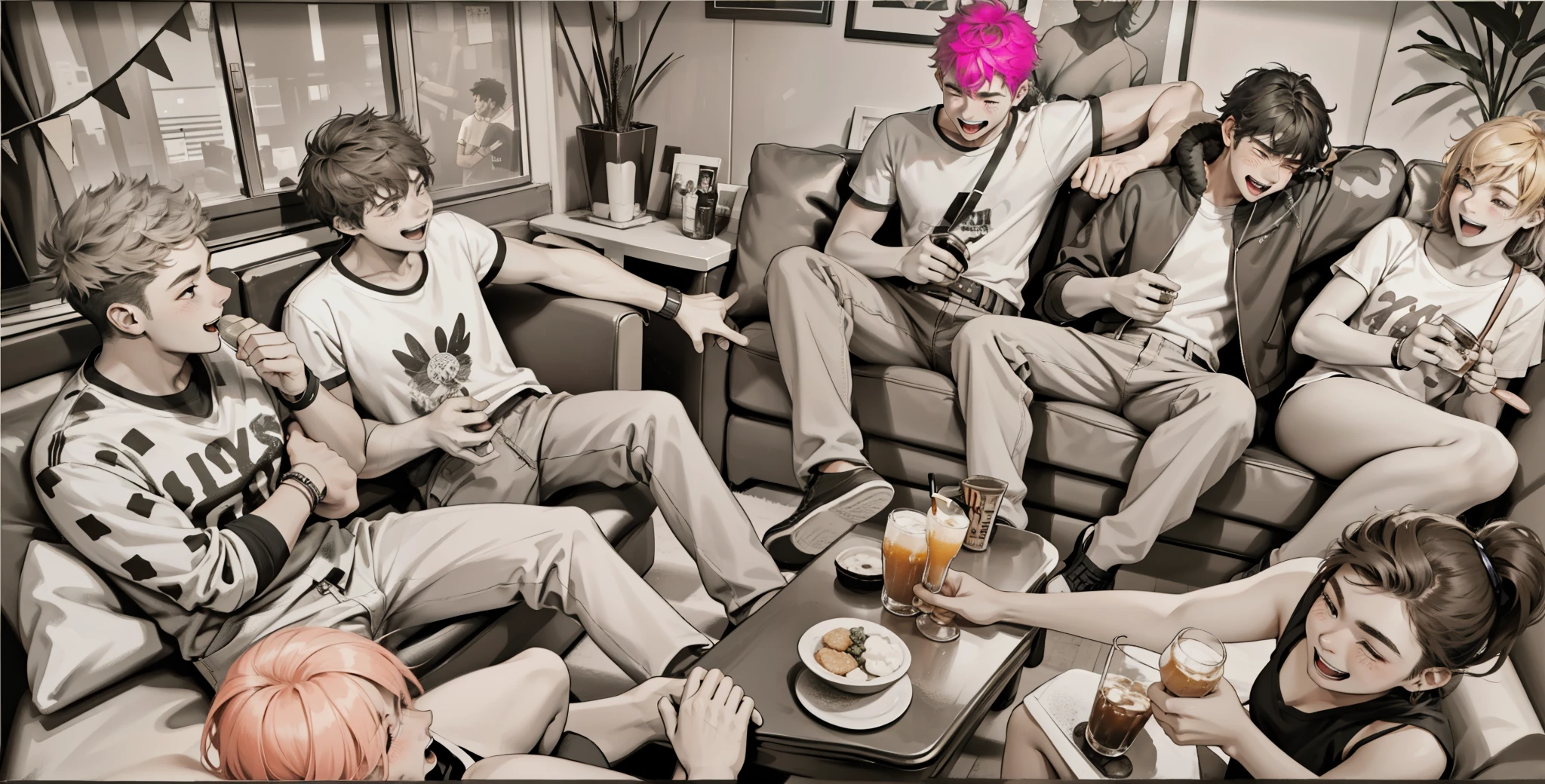 A group of 16-year-olds with t-shirts, there are teenage women and men, they are happy, singing and laughing at a party, they are sitting on a sofa enjoying drinks and food.