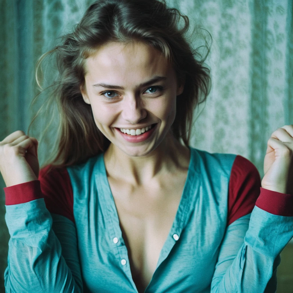 Cinematic Photo of Lustful Russian girl teasing The viewer,sligly opens her shirt with her hands, RAW candid cinema, 16mm, color graded portra 400 film, remarkable color textured skin, remarkable detailed pupils, skin noise, visible skin pores, shot on cinematic camera,full body view , naughty smile,expressive eyes,cleavage