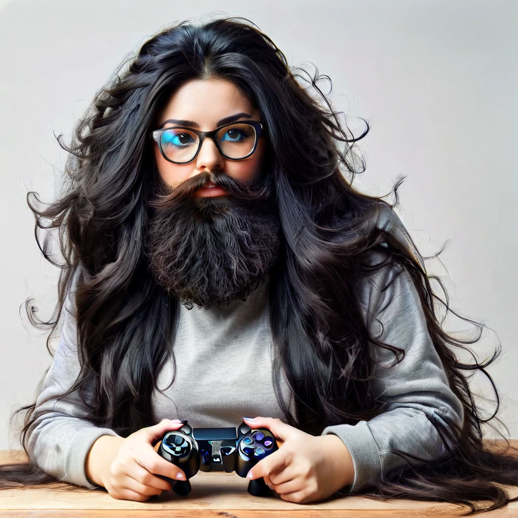 woman with huge and beautiful beard, long black hair, wears glasses, sweatshirt, geek nerd, plays video games