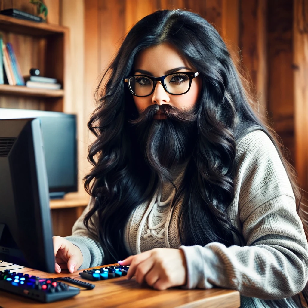 woman with huge and beautiful beard, long black hair, wears glasses, sweatshirt, geek nerd, plays video games