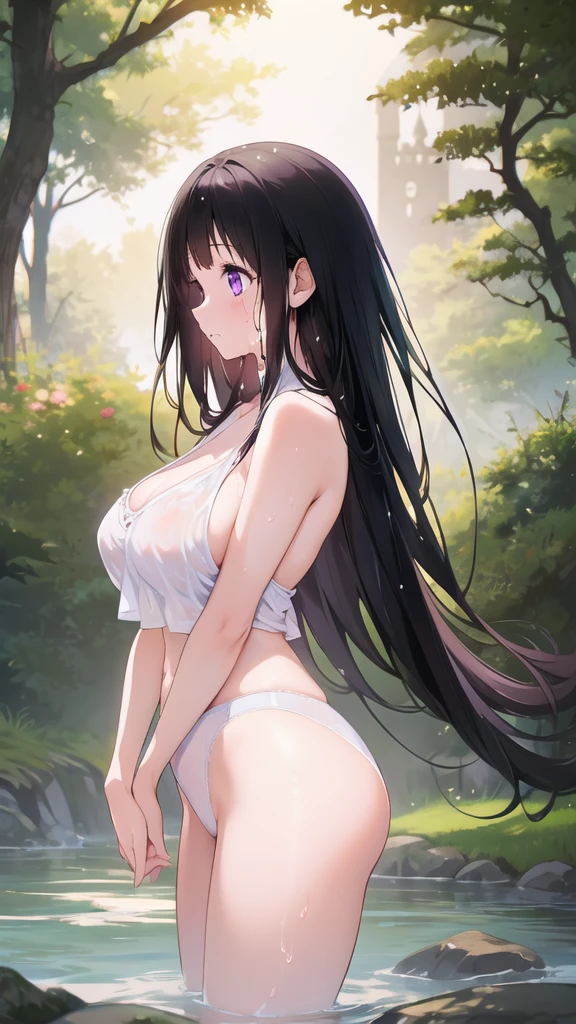 Beautiful Chitanda,只有一个beautiful girl,Purple Eyes, Black Hair, Natural straight hair, Straight bangs,Extremely refined,open your lips,Face is so red,Very white skin,Skin as delicate as porcelain,Glowing skin,big eyes,Flowing long hair,beautiful girl, Like a dream,Slim,Slim waist,Soft, (Sensual), (Kawaii), Dream quality,By the River,Complex ta Dress,Flowers,Standing,Touch your body,Water Flow,Foam,Rub your breasts,Mist,Sweaty and sweaty,Wet skin,Profile,Side breasts,Underwear Rain,(Completely naked),Gluteal groove,Completely naked的背部,nacked hip,Bare belly,very close,Deep V neckline,Loose neckline,Beautiful big breasts,No pants,Delicate clavicle,Delicate hands and feet,Bare neck,There are no clothes around the neck,Bare thighs,Exposing the groin,Camel toe,extremely shy,Ultra-high resolution, (masterpiece:1.2, best quality), (Delicate and beautiful eyes: 1.2), (Beautiful and delicate face)