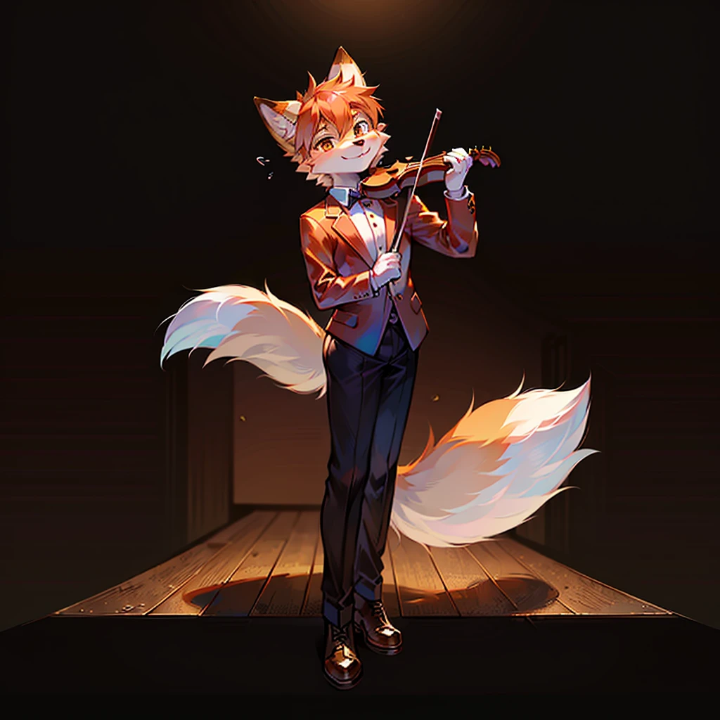 (high resolution,Masterpiece:1.2),boy,infancy,(Detailed anatomy,Correct anatomy:1.1),solo,Orange fur,Fox Boy,young boy,playing violin,on the stage,(Furry:1.8),formal clothing,white gloves,smile,simple background,performance.