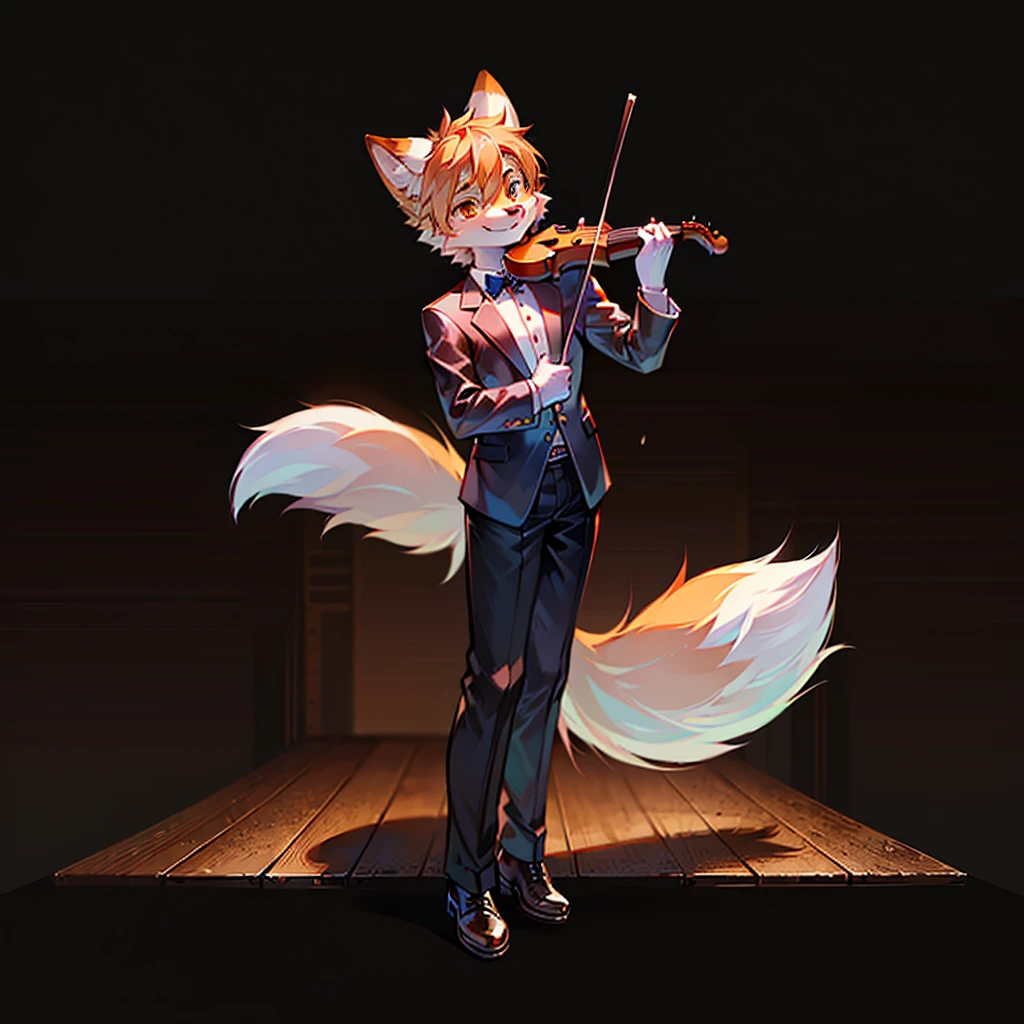 (high resolution,Masterpiece:1.2),boy,infancy,(Detailed anatomy,Correct anatomy:1.1),solo,Orange fur,Fox Boy,young boy,playing violin,on the stage,(Furry:1.8),formal clothing,white gloves,smile,simple background,performance.
