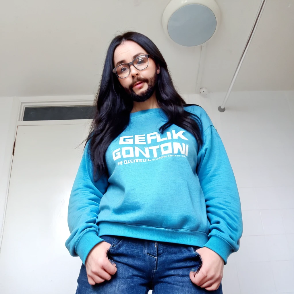 woman with huge and beautiful beard, long black hair, wears glasses, sweatshirt, geek nerd, plays video games