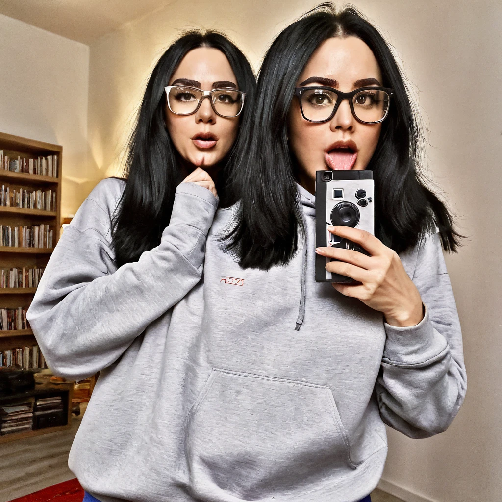 woman with huge and beautiful beard, long black hair, wears glasses, sweatshirt, geek nerd, plays video games