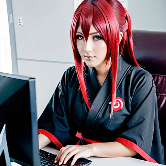 Cosplay com roupa da akatsuki, hot woman, shorth hair, Linda, in room using computer, without wig, human hair