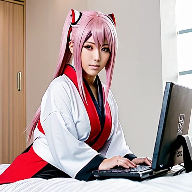Cosplay com roupa da akatsuki, hot woman, shorth hair, Linda, in room using computer, without wig, human hair