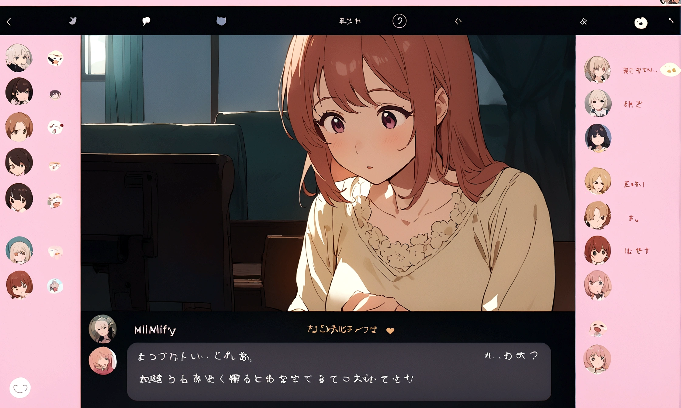 The screen shows an anime character labeled “milfy mom” in a chat interface. The protagonist hesitates but eventually starts typing.