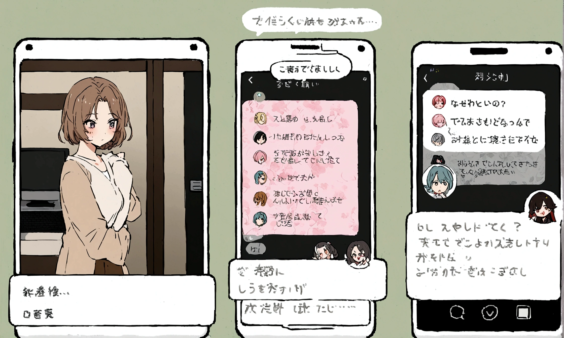 The screen shows an anime character labeled “milfy mom” in a chat interface. The protagonist hesitates but eventually starts typing.
