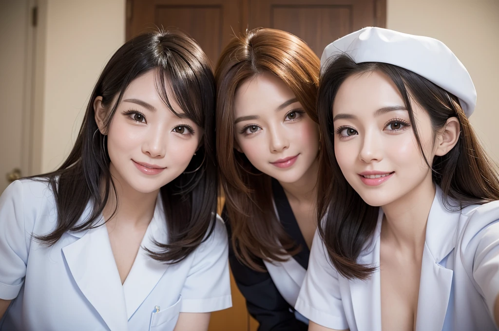 Three beautiful women、 、Upper Body、Waist、Lady、80mm lens、Highest quality、Small breasts、Small Breasts、Are thin、Luxury、smile、Reception、Nurse Nude、nurse、Nurse cap