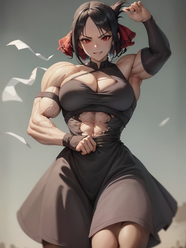 best qualityer, (Masterpiece artwork: 1.2), detailded, shinomiya kaguya, 1girl, 独奏, cloused mouth, drlight smile, Bblack hair, Eyes red, shorth hair, folded ponytail, hair ribbon, SLEEVELESS, red ribbon, standing, gazing at viewer, medium breasts, (((bloodstains, Evil, cruel girl, musculosa extremely muscular, extremely muscular, extremely large physique, pernas extremely musculars, muscular body,Sex,dominant, bloodstains bloodstains no corpo, evil smile,latex clothes))).