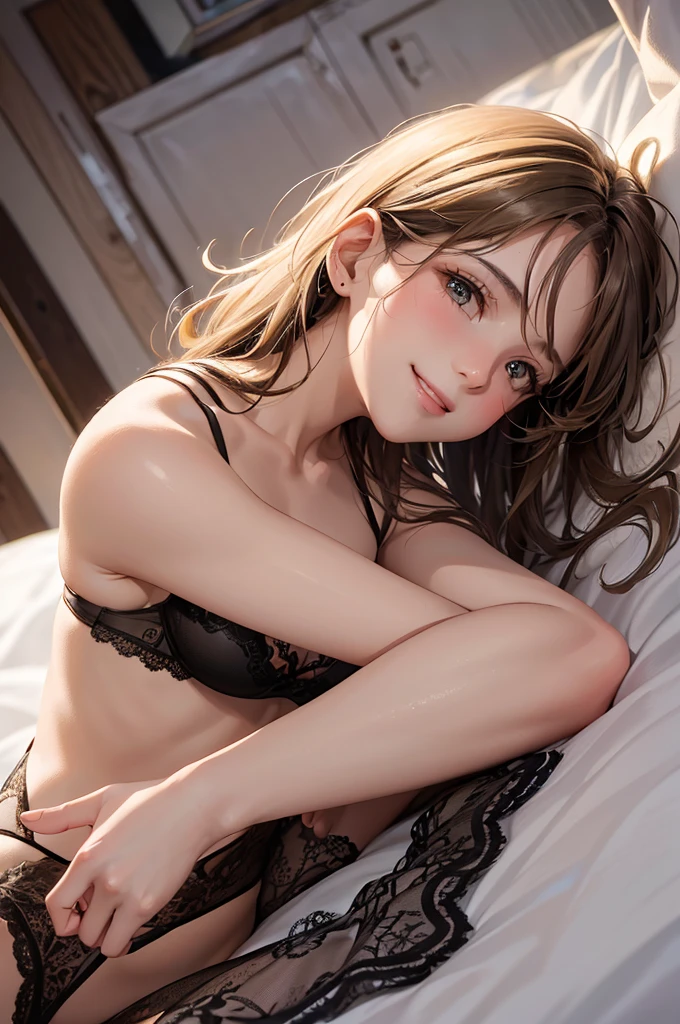 (Best Quality,High resolution,8K,finelity detailed background,Masterpiece:1.2),beautiful girl,Shiny khaki hair,messy hair,Khaki Eyes,Gentle look,A refreshing look,Best quality,Best Quality,Aesthetic and aesthetic:1.2,Best details((Super detailed))(High-definition CG illustrations),Glamorous black underwear (black,intricate lace),Slender body,night,Moonlight,Bedroom,On the bed,smile,blush,cute,Scrounge,Looking up,Being spoiled,Smiling Kindly,super model,wariza,shoot from below