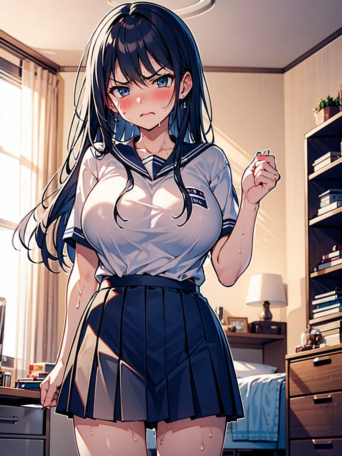 Grabbing a dildo inserted in her pussy, Pleated skirt, My Room, (Angry face, blush, Sweat), standing, navy long hair, Big Breasts