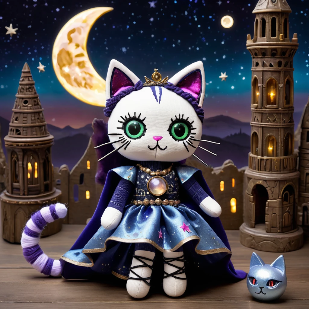 (knitted toy voodoo doll:1.7), (voodoo cat:1.8),(clothing: silver dress with moon symbols, shimmering cloak with star patterns:1.0),(accessories: moon staff, enchanted crystal ball, crescent moon tiara:1.2),(background: abandoned tower with view of moon and stars, mystical aura surrounding the scene:1.2), best quality, masterpiece, detailed soft oil painting, detailed background, dramatic cinematic lighting, soft edge lighting, professional, dramatic lighting, hard edge lighting, ultra quality, 4k,masterpiece, best quality, 8k, ultra highres, highres, extremely detailed
