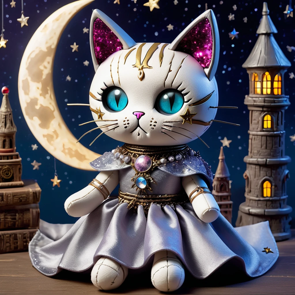 (knitted toy voodoo doll:1.7), (voodoo cat:1.8),(clothing: silver dress with moon symbols, shimmering cloak with star patterns:1.0),(accessories: moon staff, enchanted crystal ball, crescent moon tiara:1.2),(background: abandoned tower with view of moon and stars, mystical aura surrounding the scene:1.2), best quality, masterpiece, detailed soft oil painting, detailed background, dramatic cinematic lighting, soft edge lighting, professional, dramatic lighting, hard edge lighting, ultra quality, 4k,masterpiece, best quality, 8k, ultra highres, highres, extremely detailed