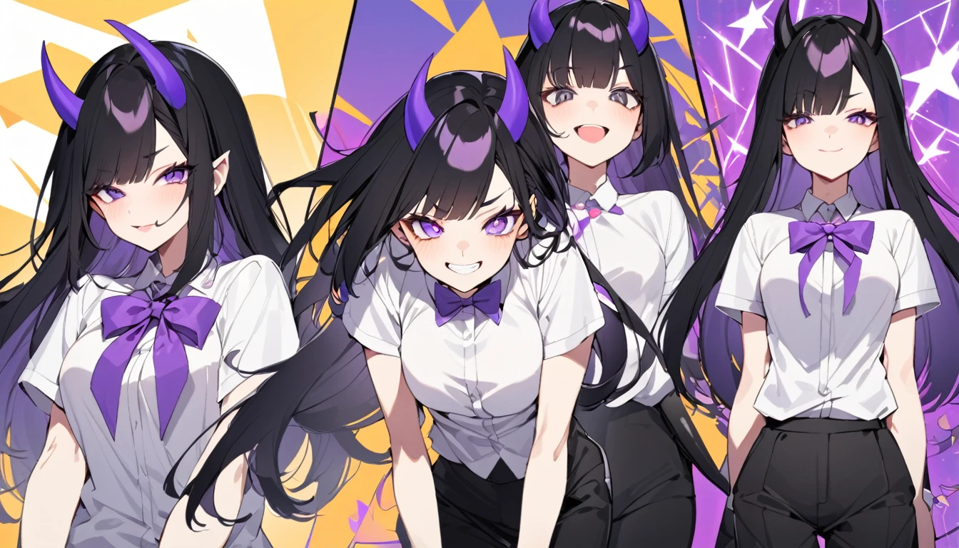 A girl with long black hair with straight bangs, with hair cut at the ends. Two large strands in the front, one bigger than the other. A rebel thread. A small white streak in your bangs. Two demon horns, one purple and one black, both with a dark purple star. one black eye and one purple eye. A purple star on your right cheek. black wide pants. All star shoe. Full white shirt with a bow tie with a star in the middle, with short sleeves.  a big chest . Grinning. She is a star demon. She is standing looking at the camera. In one of his eyes a star in the black eye case, in the black eye and just black. ??? girl. ??? girl.