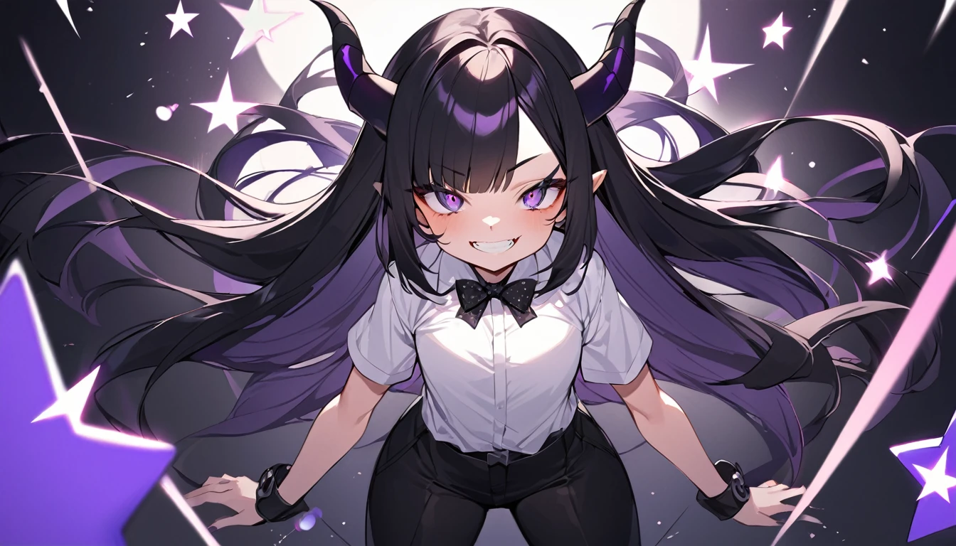 A girl with long black hair with straight bangs, with hair cut at the ends. Two large strands in the front, one bigger than the other. A rebel thread. A small white streak in your bangs. Two demon horns, one purple and one black, both with a dark purple star. one black eye and one purple eye. A purple star on your right cheek. black wide pants. All star shoe. Full white shirt with a bow tie with a star in the middle, with short sleeves. big boobies. Grinning. She is a star demon. She is standing looking at the camera. In one of his eyes a star in the black eye case, in the black eye and just black. Sex girl. Sex girl.