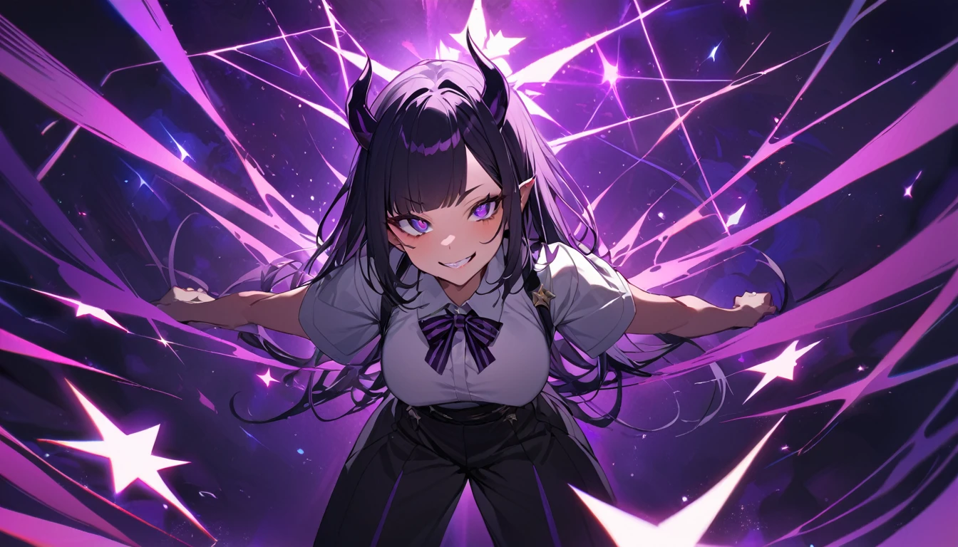 A girl with long black hair with straight bangs, with hair cut at the ends. Two large strands in the front, one bigger than the other. A rebel thread. A small white streak in your bangs. Two demon horns, one purple and one black, both with a dark purple star. one black eye and one purple eye. A purple star on your right cheek. black wide pants. All star shoe. Full white shirt with a bow tie with a star in the middle, with short sleeves.  a big chest . Grinning. She is a star demon. She is standing looking at the camera. In one of his eyes a star in the black eye case, in the black eye and just black. Sex girl. Sex girl.